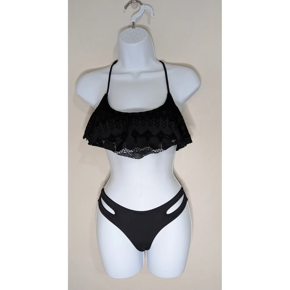 Volcom Black Crochet Lace Flounce Bikini Set Strappy Cage Back Cutout Small